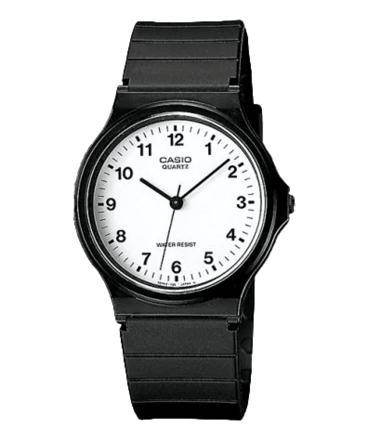 Casio MQ-24 (MQ-24-7B) de frente, con esfera blanca de números arábigos y correa de resina negra