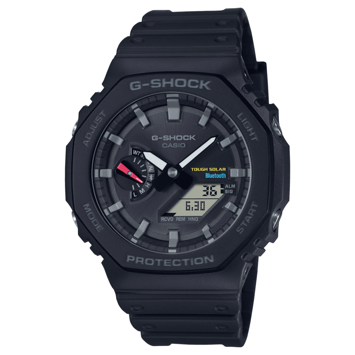 Casio G-Shock GA-B2100 (GA-B2100-1A) de frente, con TOUGH SOLAR y Bluetooth en la esfera